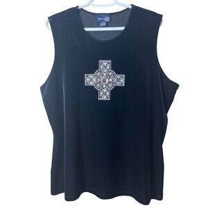 Vtg Venezia Black Velvet Celtic Cross Rhinestone Top 18/20 Goth Y2K Whimsygoth